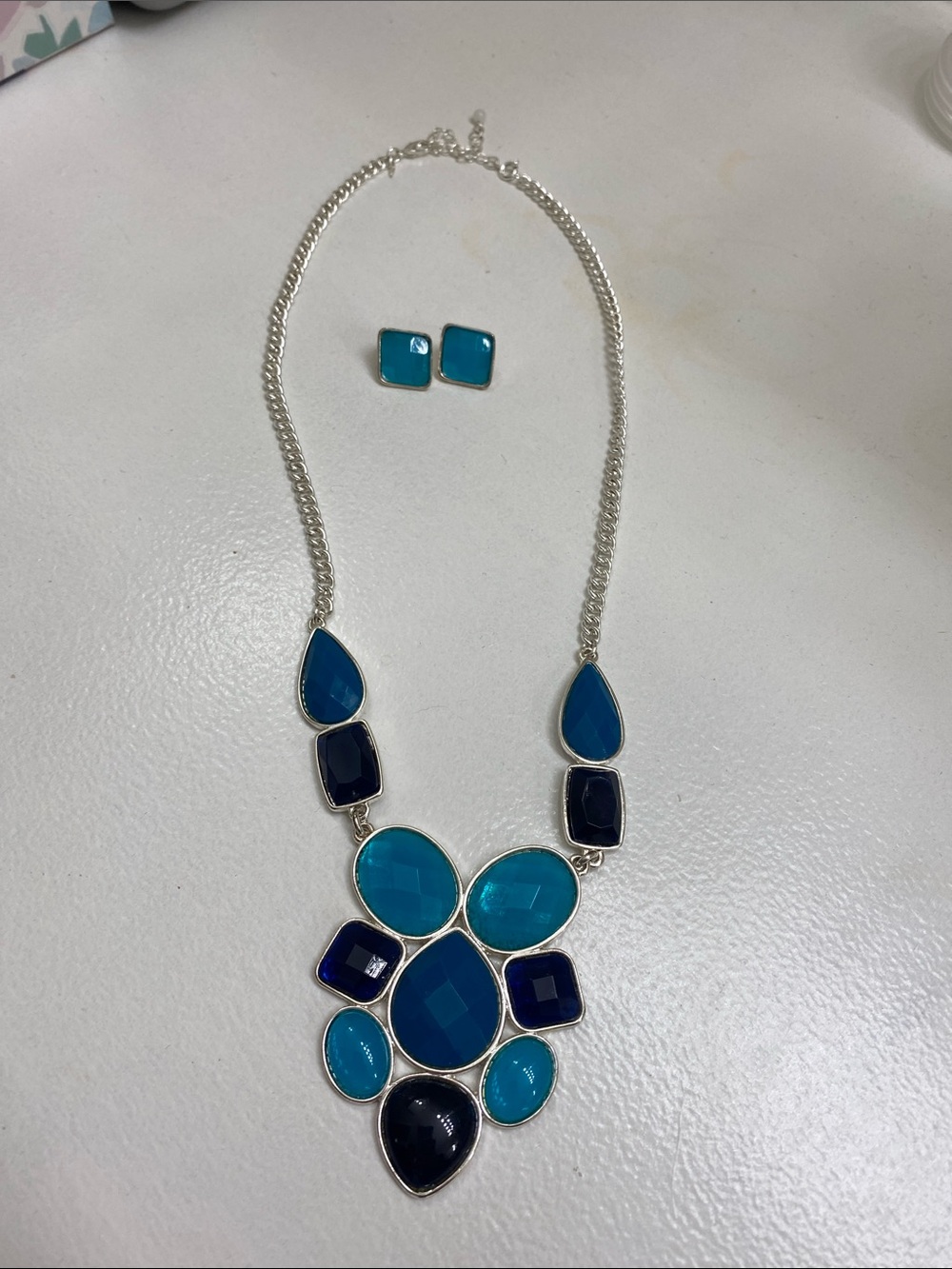 Silver-Tone Turquoise & Navy Statement Necklace with Matching Studs